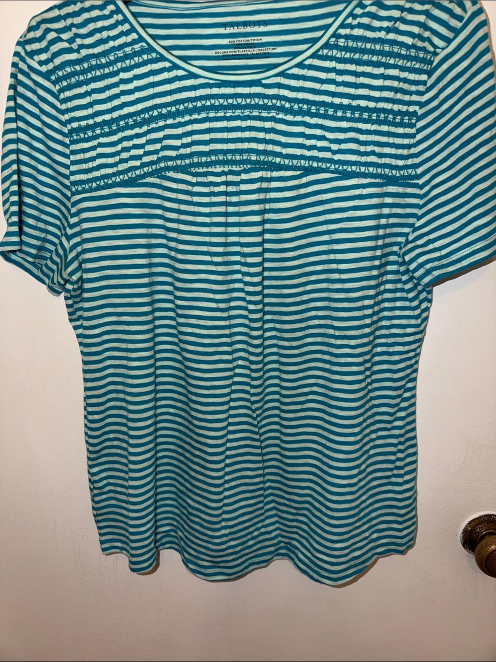 Talbots Teal and White Striped Short-Sleeve Tee with Smocking